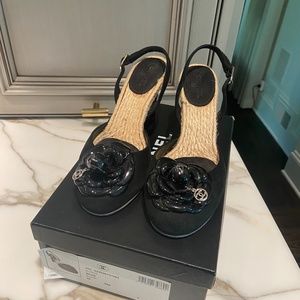 Chanel Black Floral Embellished Slingback Shoe